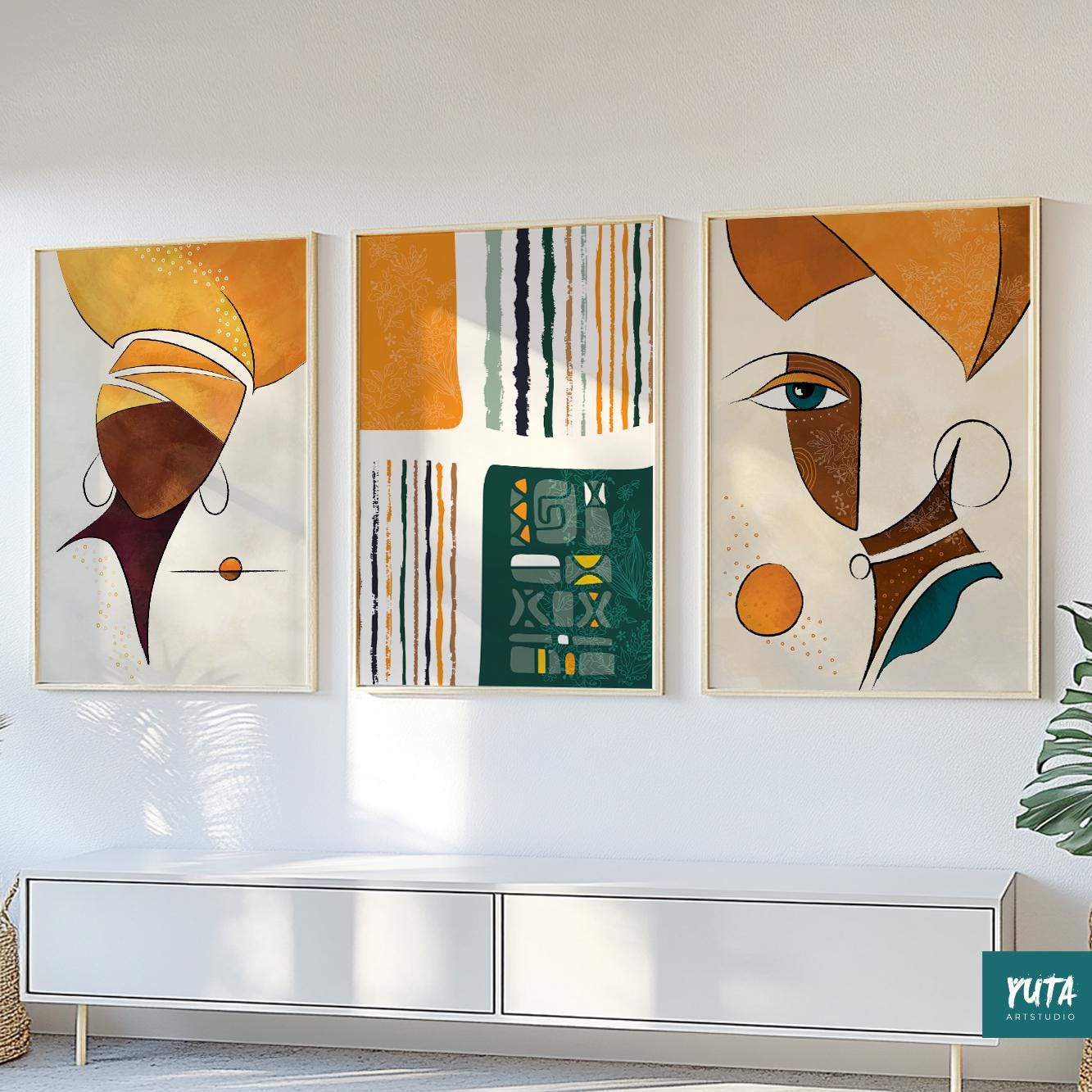 Abstract African wall art set – minimalist female portraits for contemporary ethnic decor.