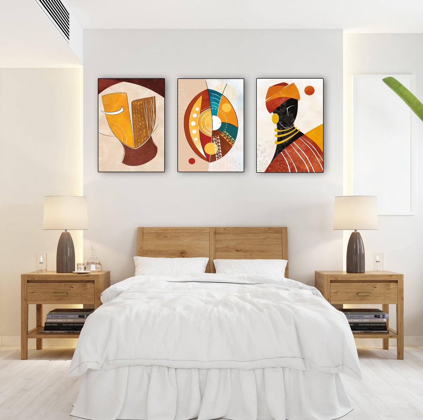 Modern abstract African art set of 3, contemporary black woman portrait prints, bold ethnic gallery wall decor.