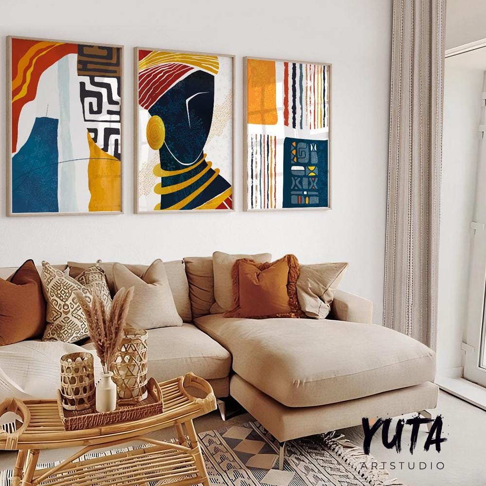 Abstract black girl wall art set of 3, colorful contemporary African American prints, Afrocentric modern home decor.