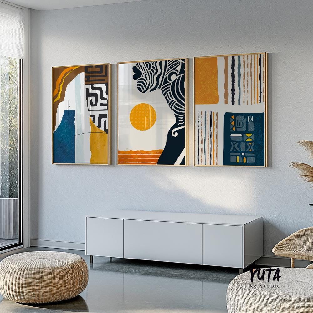 Vibrant colorful African wall art set of 3 prints, black woman portrait posters, ethnic modern gallery wall home decor.
