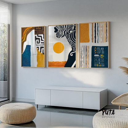Vibrant colorful African wall art set of 3 prints, black woman portrait posters, ethnic modern gallery wall home decor.