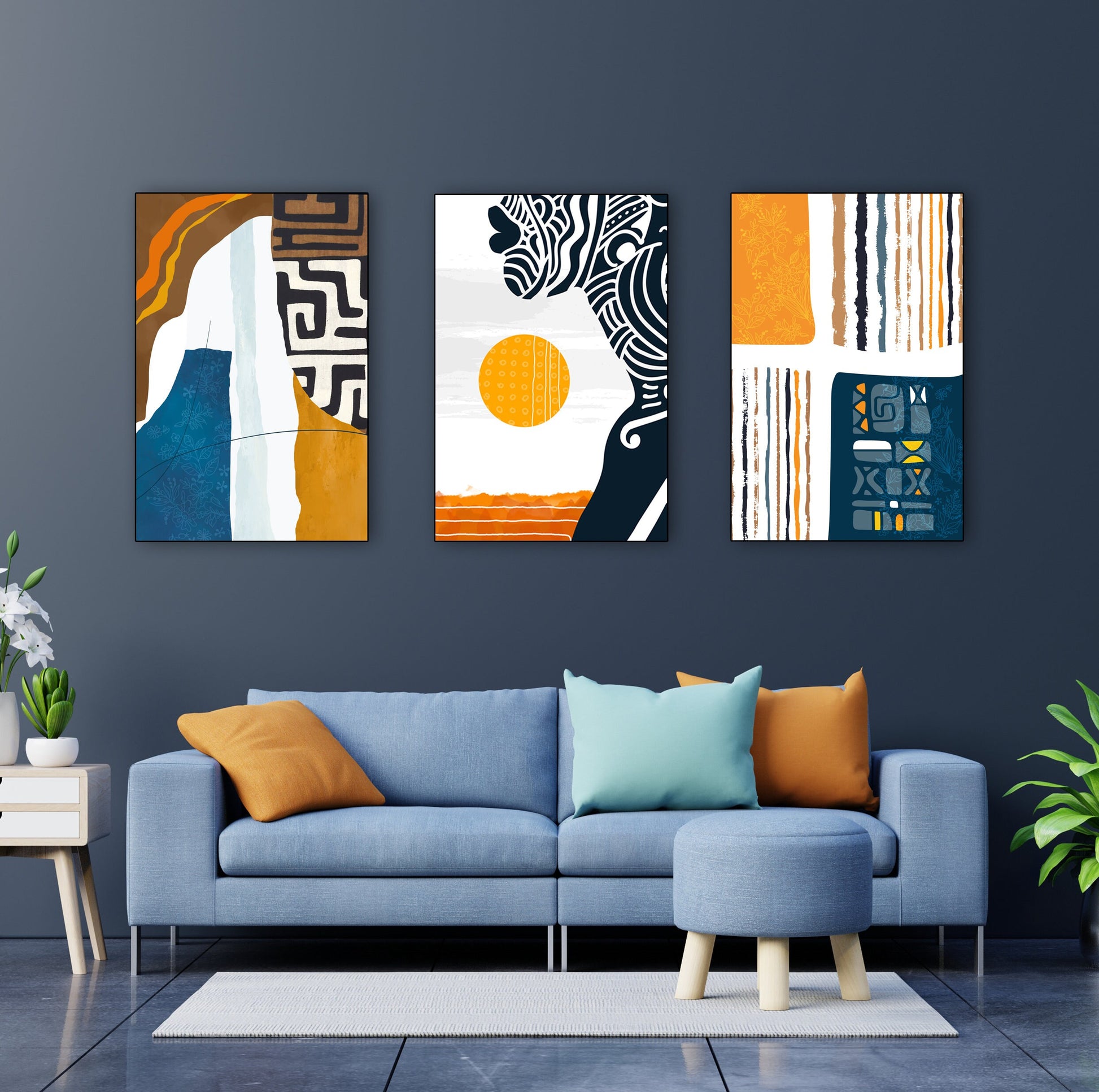Bold colorful African American abstract wall art prints, ethnic modern gallery wall set of 3 for chic living room decoration.