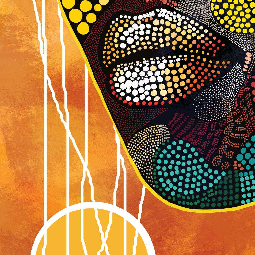 A close-up of a colorful abstract artwork featuring a stylized face made of dotted patterns in yellow, orange, red, black, teal, and white, set against a textured orange background with white vertical lines.