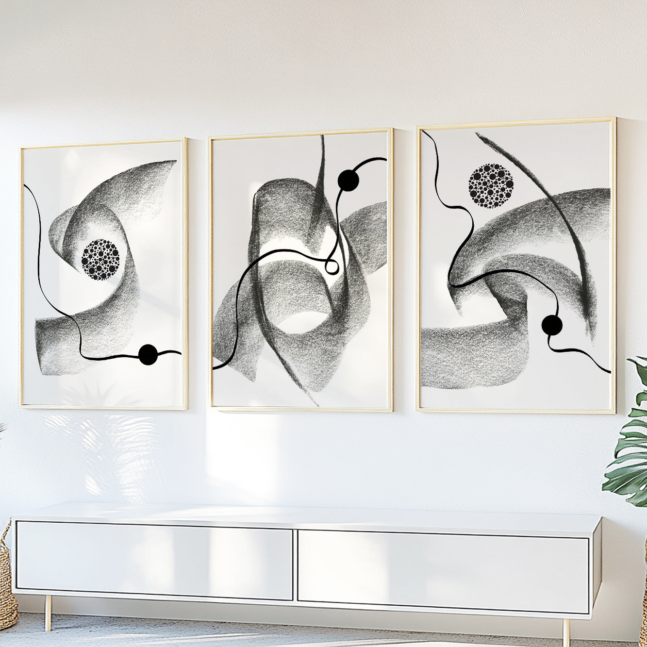 Modern monochrome abstract prints with organic shapes and minimalist black line drawings