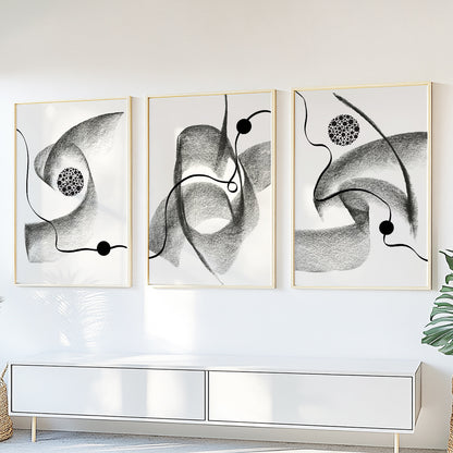 Modern monochrome abstract prints with organic shapes and minimalist black line drawings