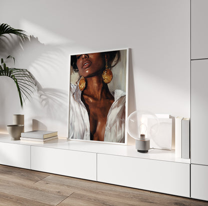 Modern Black woman wall art featuring a sophisticated female portrait in white, brown and gold tones
