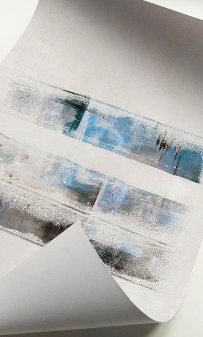 Modern minimalist abstract prints in blue, beige, and ivory