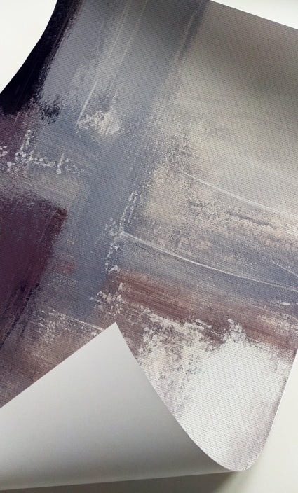 Modern abstract prints in dusty blue, taupe, brown, and cream