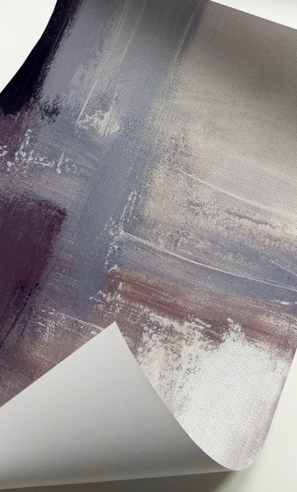 Modern abstract prints in dusty blue, taupe, brown, and cream