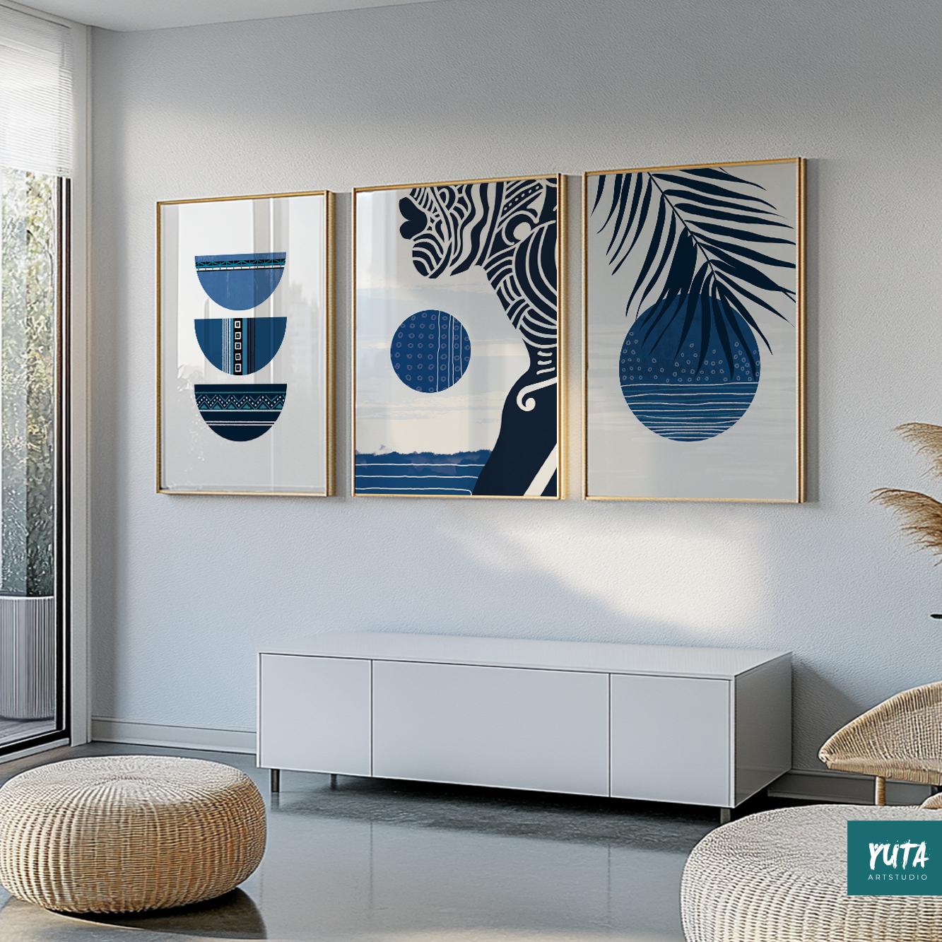 Modern blue wall art set showcasing botanical silhouettes, abstract forms and contemporary Scandinavian styling