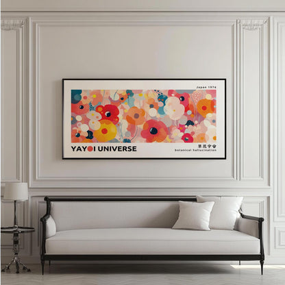 Vibrant floral abstract print in a black frame displayed above a classic console.