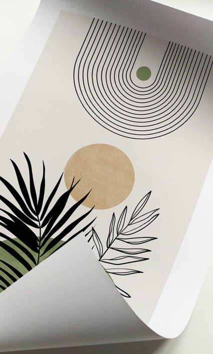 Modern boho wall décor with abstract botanical shapes in olive green, beige, and black