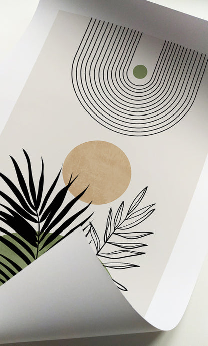 Modern boho wall décor with abstract botanical shapes in olive green, beige, and black