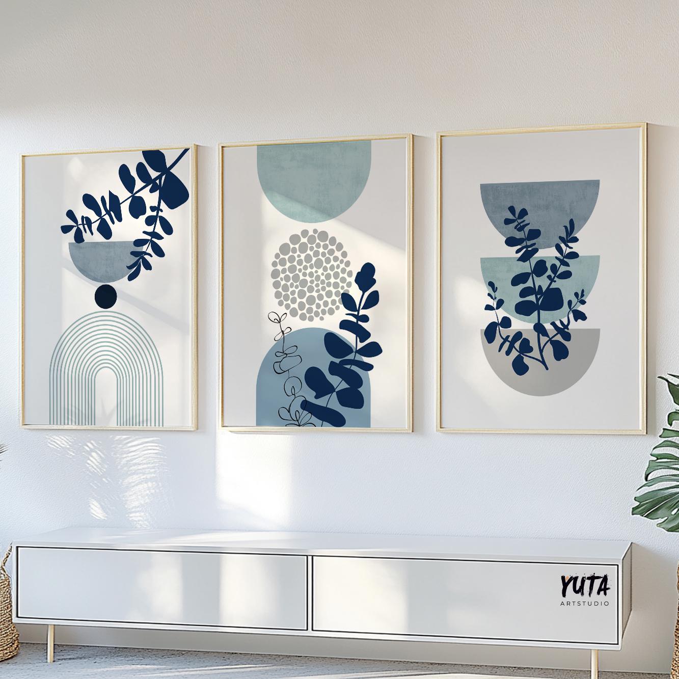 Modern botanical wall art featuring layered blue foliage and geometric abstract forms in a contemporary composition