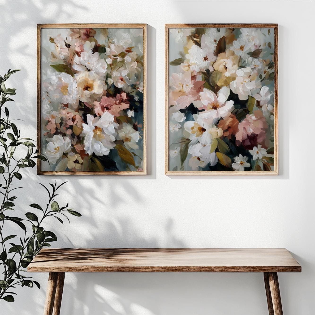 Elegant botanical wall art with white floral bouquets in cream, blush, and olive green tones