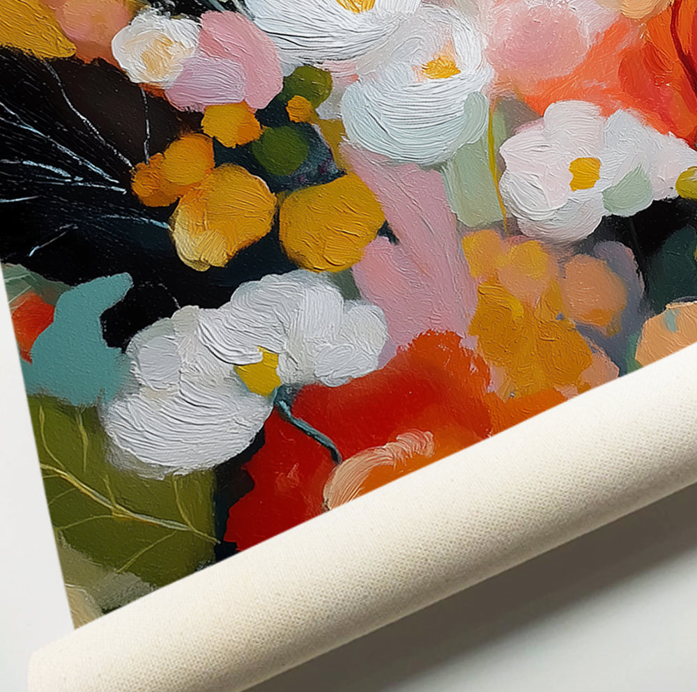 Modern botanical wall art duo with expressive multicolor flowers displayed in a bright neutral bedroom.