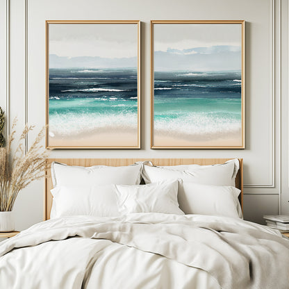 Coastal wall art for bedroom with calming beach colors