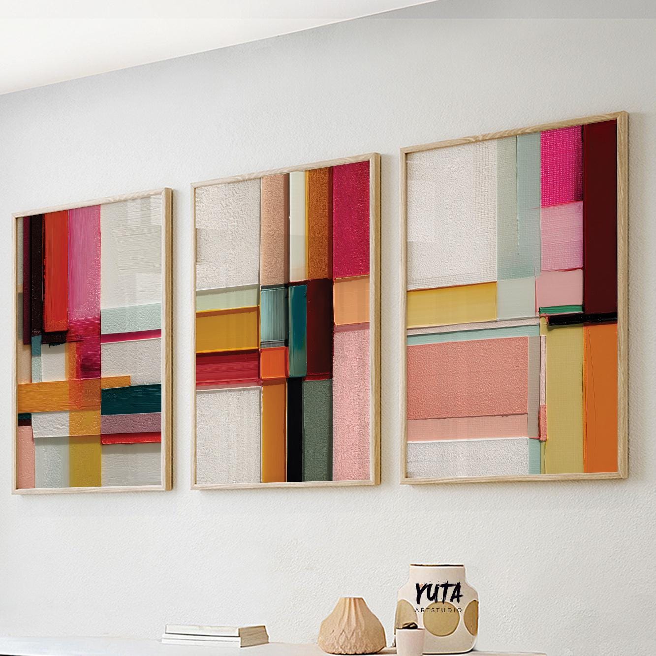 Modern color block wall art triptych showcasing vibrant pink, coral, teal and mustard geometric compositions