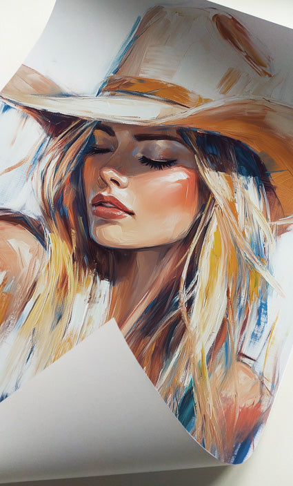 Modern cowgirl portrait print featuring a blonde western woman with a neutral cowboy hat