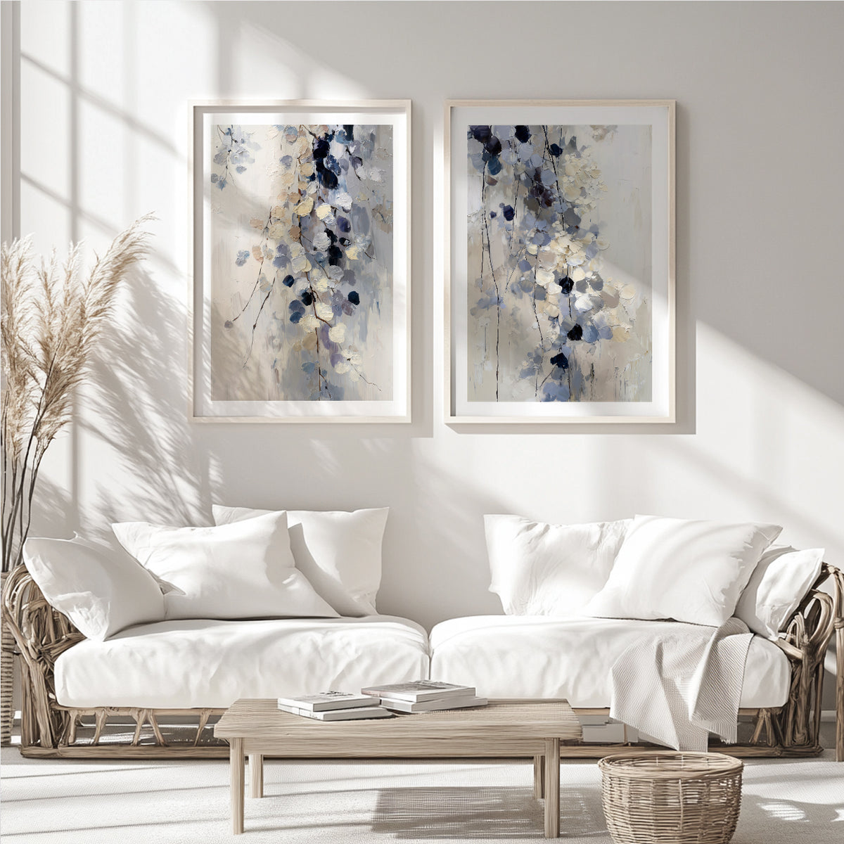 Modern floral wall art pair with abstract blue, ivory and beige flowers and expressive textured brushstrokes.
