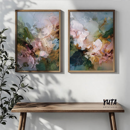 Modern floral wall art set of 2 featuring abstract white flowers and rich textured oil painting effect