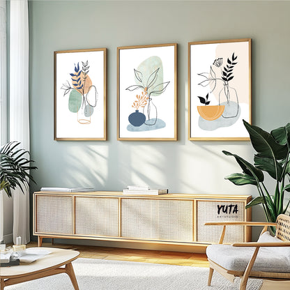 Organic Modern botanical gallery wall with elegant floral line art and minimalist compositions