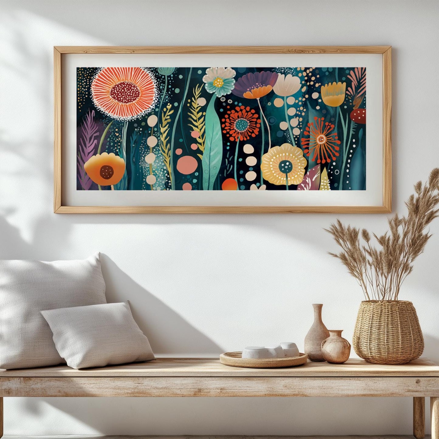 Abstract floral artwork in colorful tones framed in light wood above a minimalist bench