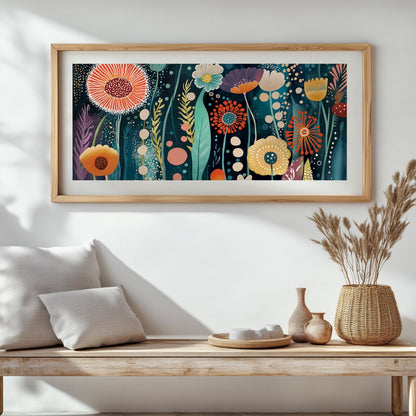 Abstract floral artwork in colorful tones framed in light wood above a minimalist bench