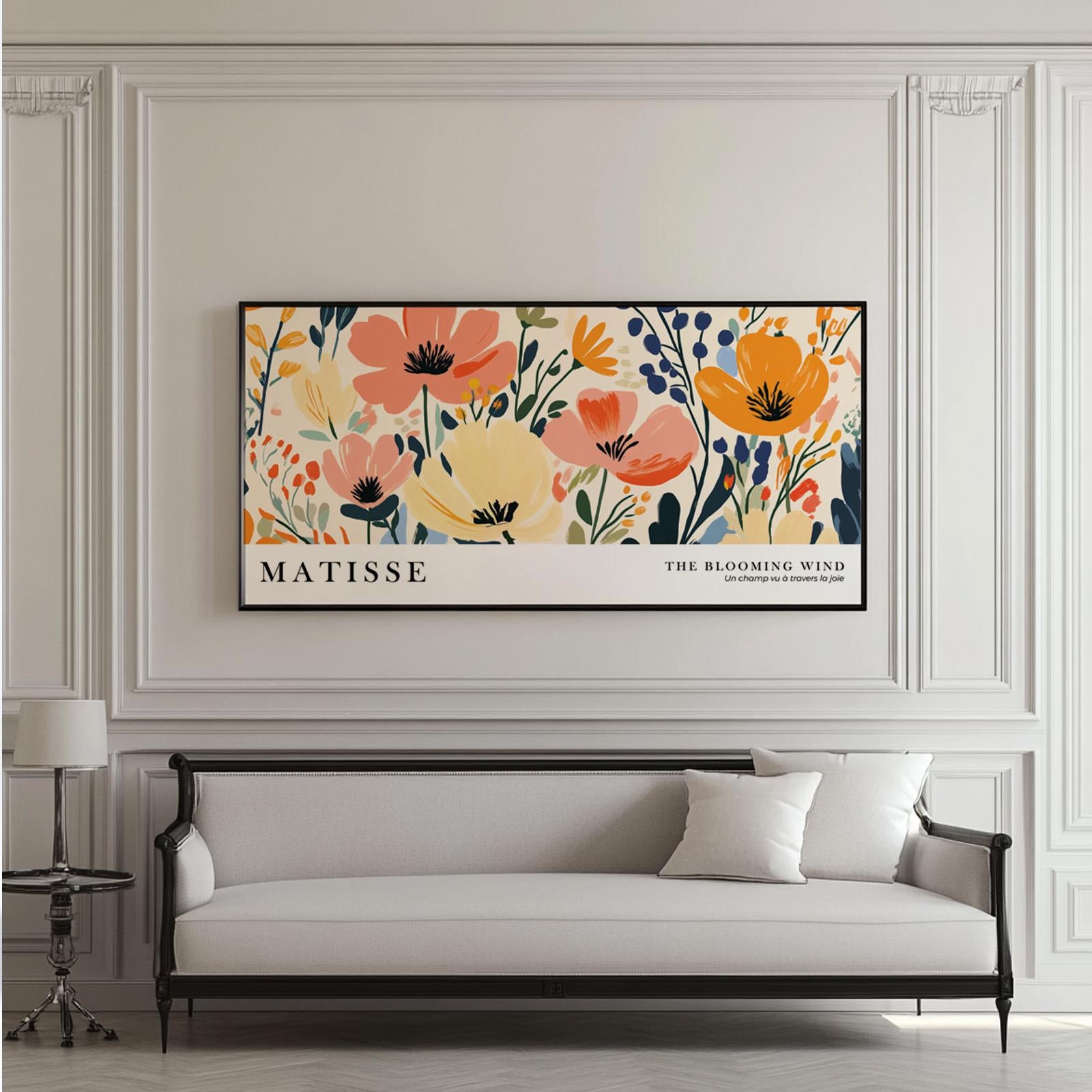 Horizontal Matisse style floral print in large frame shown above sofa for size reference