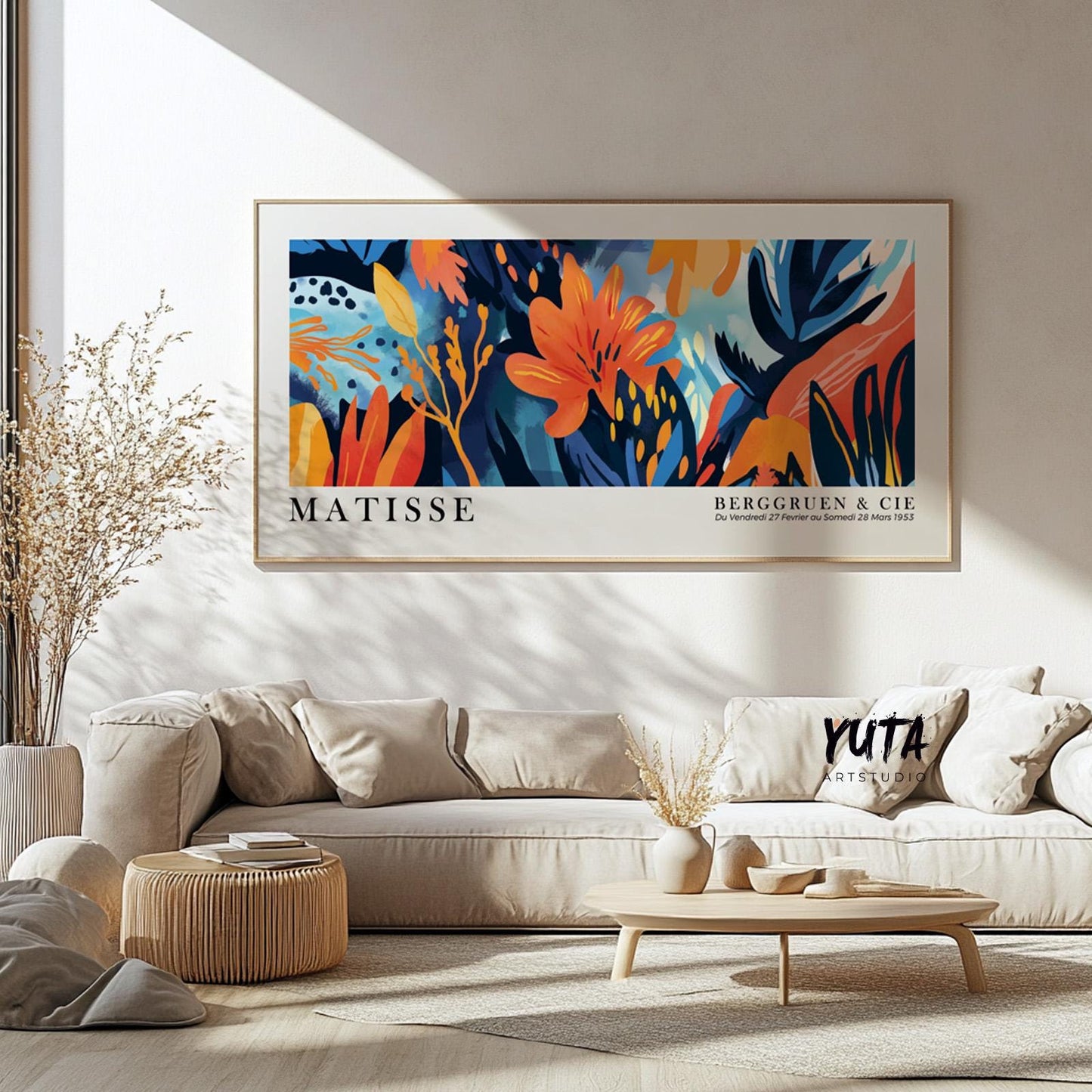 Horizontal floral Matisse print in light wood frame, above sofa for size reference