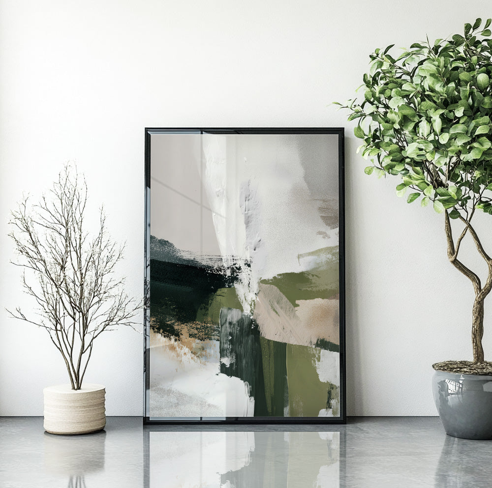 Modern green wall art triptych with bold abstract brushstrokes in olive, deep green, cream and warm beige.