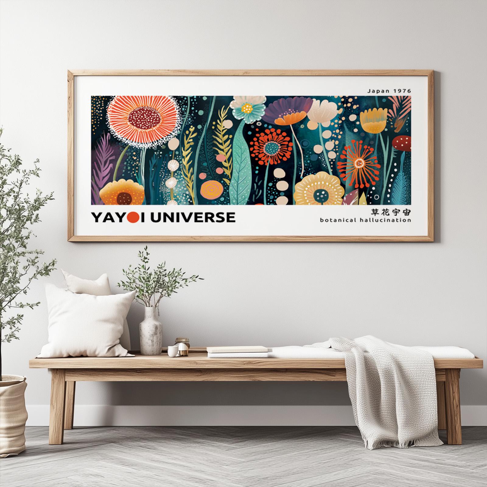 Framed Japanese floral art print with bold botanical patterns displayed above a wooden bench