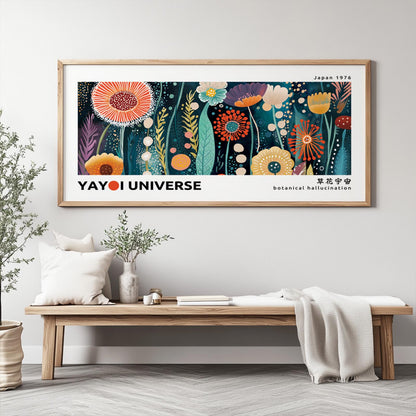 Framed Japanese floral art print with bold botanical patterns displayed above a wooden bench
