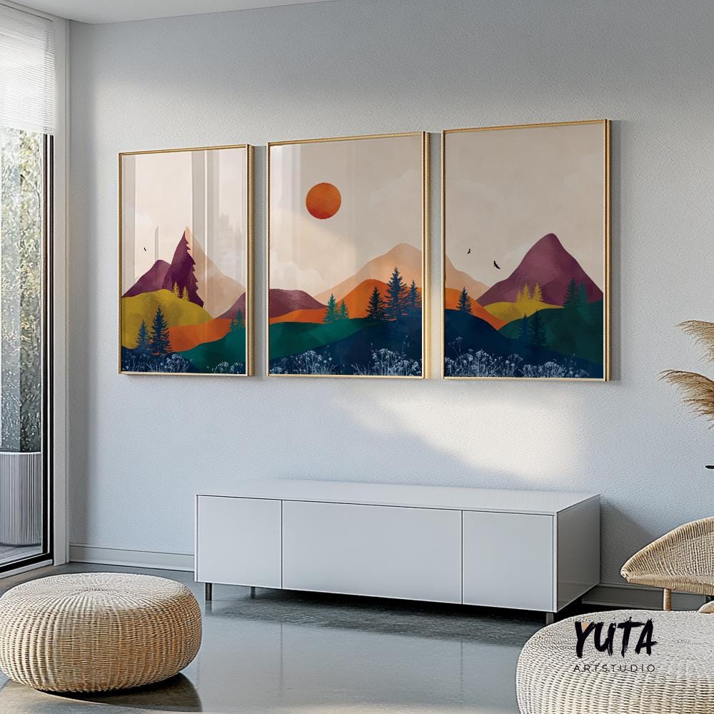 Set of 3 vibrant mountain prints. Abstract bright mountains modern gallery wall art. Colorful minimalist landscape aesthetic room decor