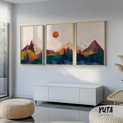 Set of 3 vibrant mountain prints. Abstract bright mountains modern gallery wall art. Colorful minimalist landscape aesthetic room decor