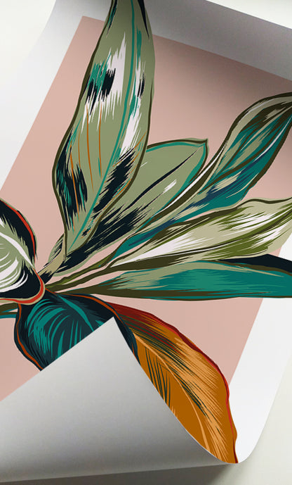 Botanical palm leaf print set combining blush pink backgrounds with vibrant tropical foliage