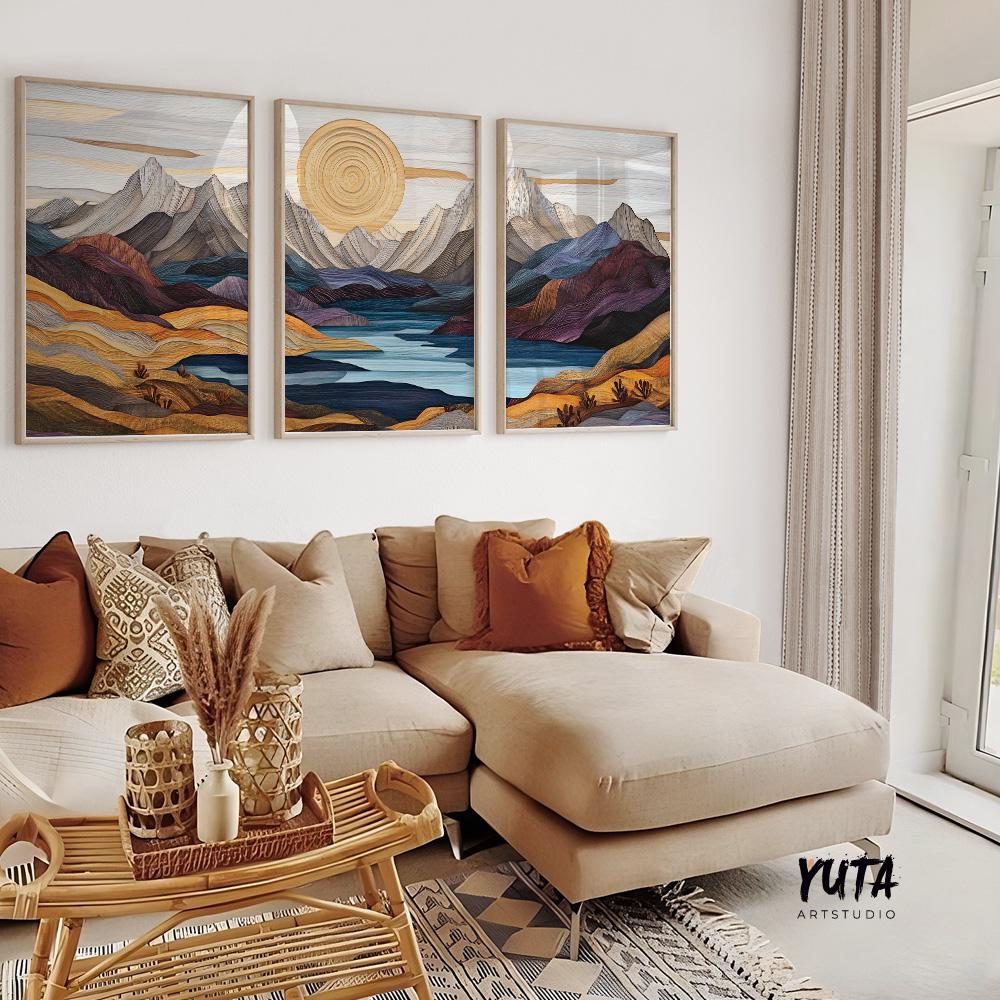 Modern mountain landscape wall art featuring stylized peaks, flowing terrain and a serene lake composition