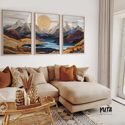 Modern mountain landscape wall art featuring stylized peaks, flowing terrain and a serene lake composition