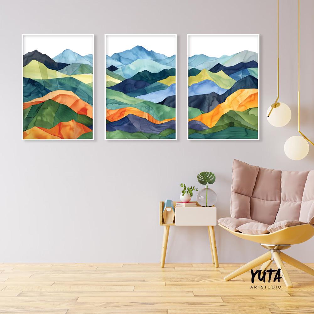 Colorful mountains wall art set of 3 prints, Mid century modern large wall art prints, abstract painting, aesthetic room decor