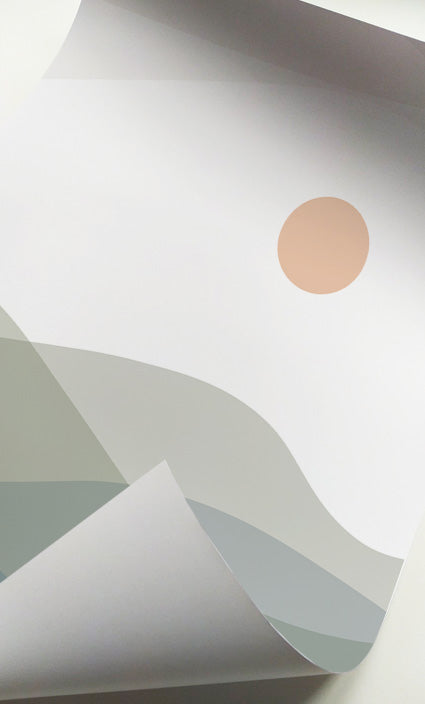 Minimalist nature wall art set with abstract mountains and evergreen forest silhouettes