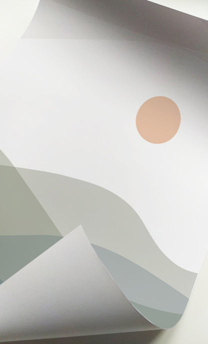 Minimalist nature wall art set with abstract mountains and evergreen forest silhouettes