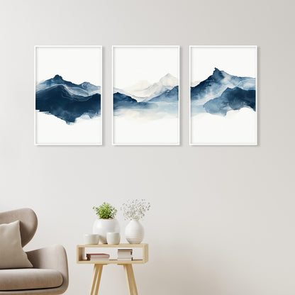 Navy blue abstract mountain set of 3 prints. Modern minimalist landscape gallery wall set.  Nature 3 piece wall art, blue nordic print