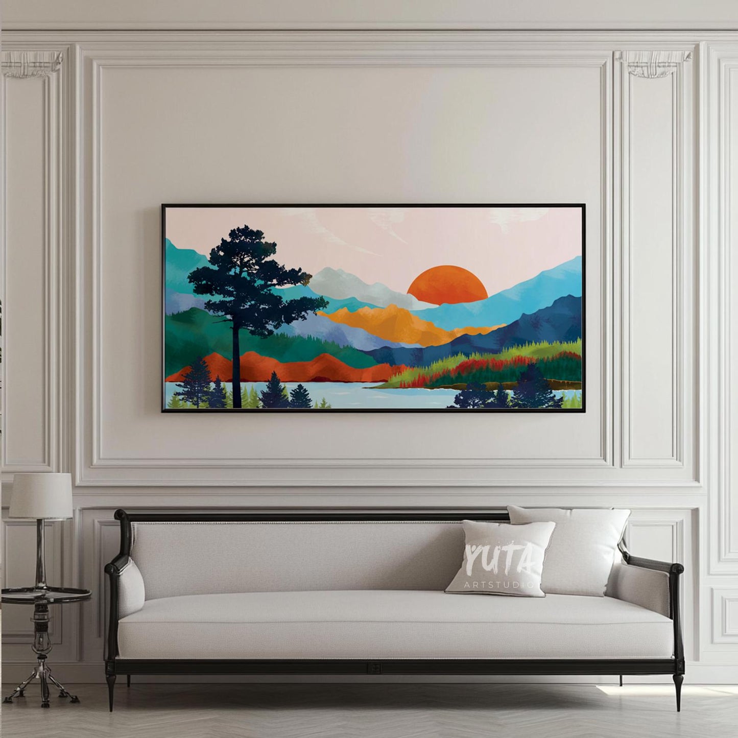 Modern mountain wall art featuring bold landscape colors, layered peaks and scenic lake views