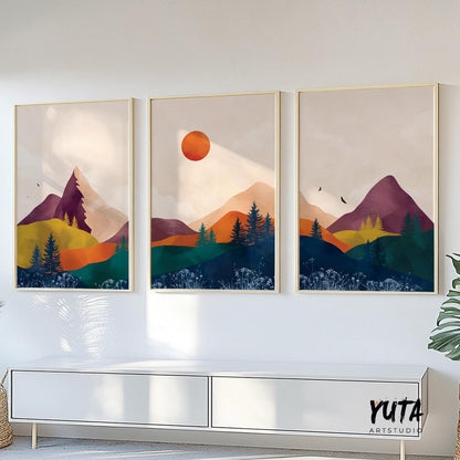 Set of 3 vibrant mountain prints. Abstract bright mountains modern gallery wall art. Colorful minimalist landscape aesthetic room decor