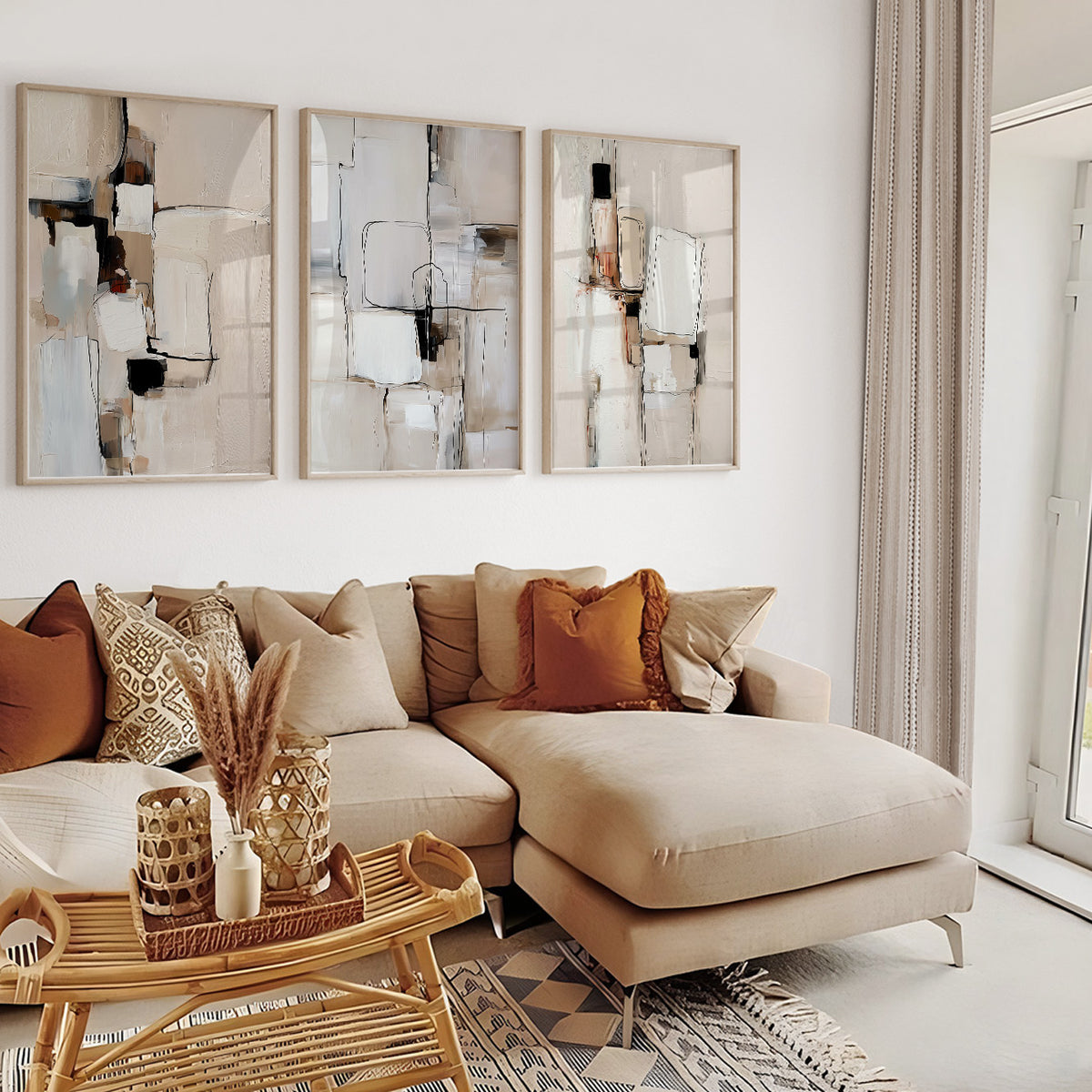 Modern neutral abstract wall art set featuring cream and taupe geometric shapes with subtle black accents.