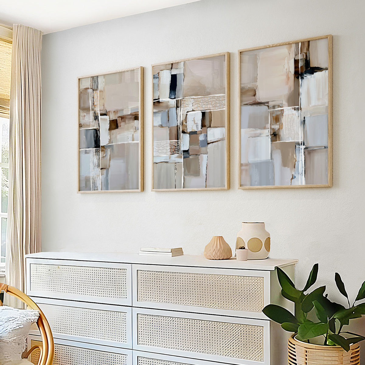 Modern neutral wall art set featuring textured blocks in cream, taupe, gray, white and soft brown tones.