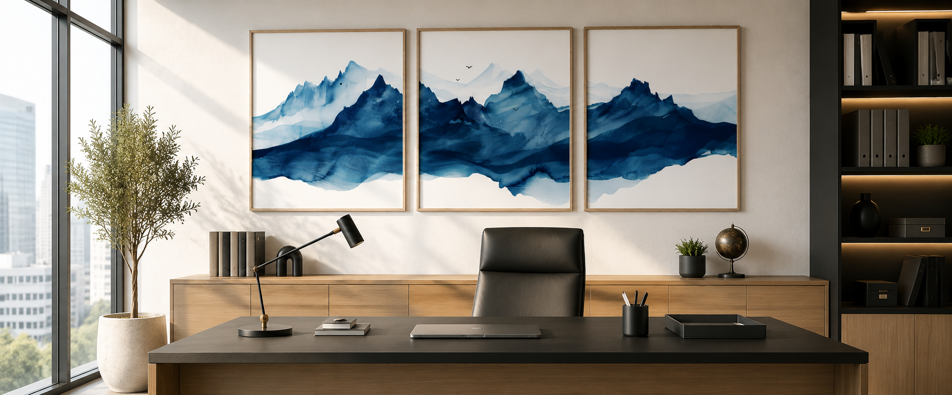 Bright modern executive office featuring a large panoramic mountain landscape wall art above a light wood desk, with Scandinavian-inspired furniture, natural daylight and minimalist workspace decor.