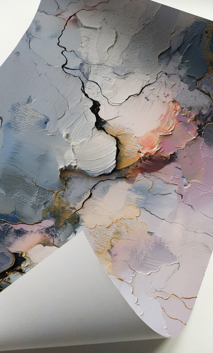 Modern organic abstract wall art pair in muted blue, pink, sage, cream and charcoal tones.