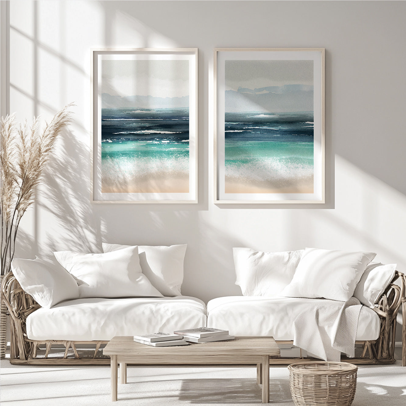 Coastal abstract canvas print set with ocean-inspired palette