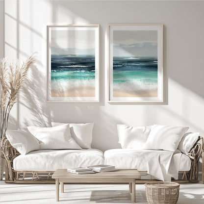Coastal abstract canvas print set with ocean-inspired palette